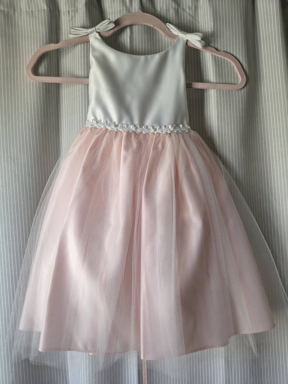 White and Pink Tulle Flower Girl Dress with Bow Straps Size 2T